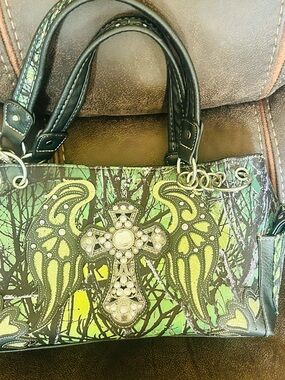 Western Concealed Carry Green Cross Wing Rhinestone Bag